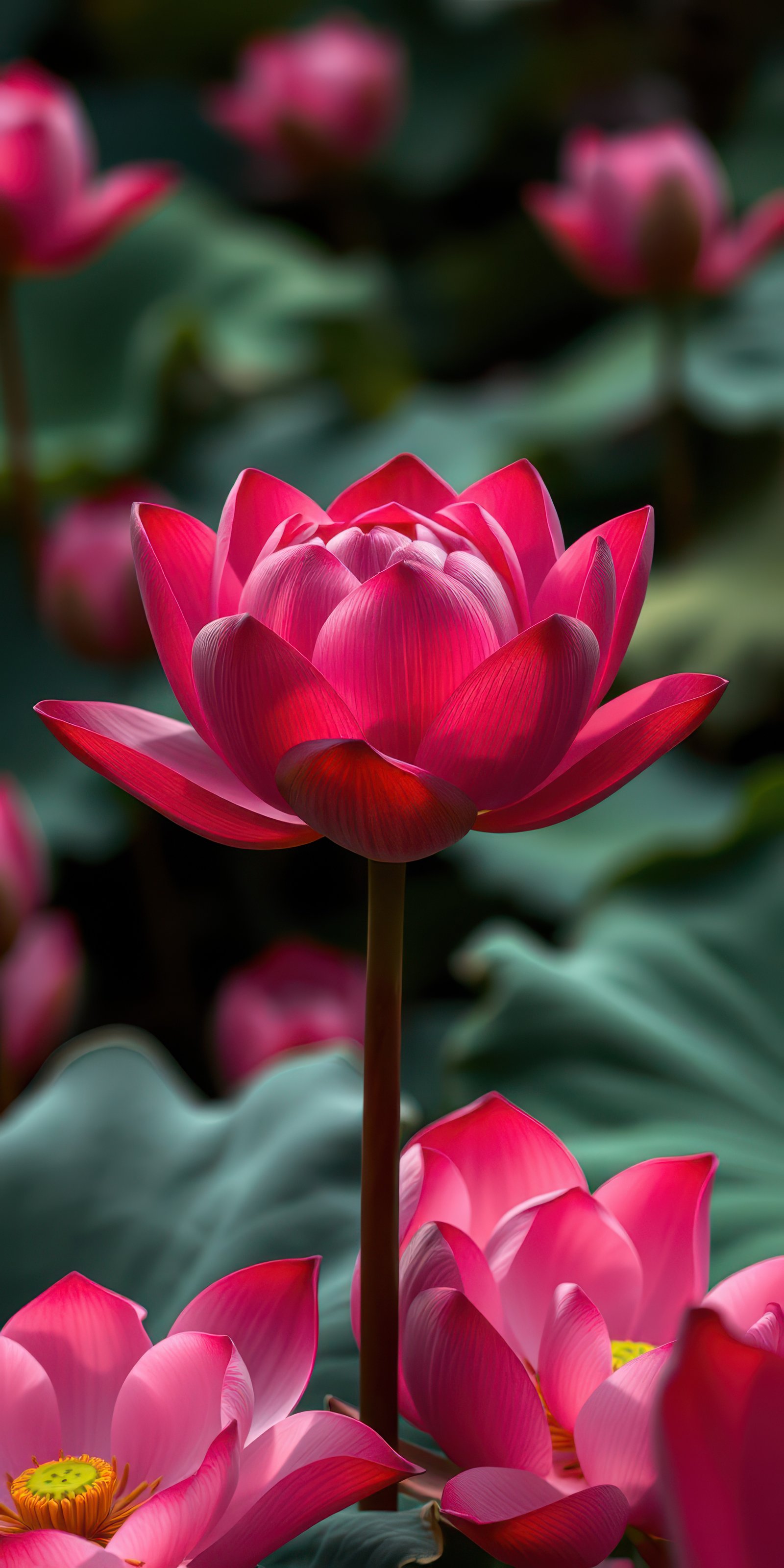 Beautiful blooming pink lotus flowers in a serene pond during a sunny afternoon in summer